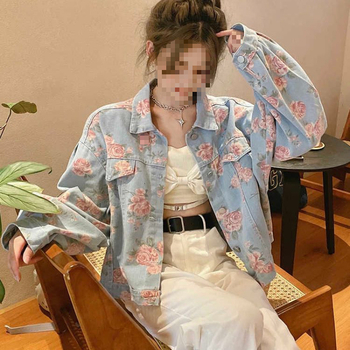 Ρετρό τυπωμένα κοντά τζιν τοπ για την άνοιξη και το φθινόπωρο του 2025, νέα, φαρδιά και πιο εύκολα στο ταίριασμα, μπλούζα με μακριά μανίκια