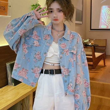 Ρετρό τυπωμένα κοντά τζιν τοπ για την άνοιξη και το φθινόπωρο του 2025, νέα, φαρδιά και πιο εύκολα στο ταίριασμα, μπλούζα με μακριά μανίκια