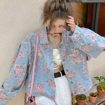 Ρετρό τυπωμένα κοντά τζιν τοπ για την άνοιξη και το φθινόπωρο του 2025, νέα, φαρδιά και πιο εύκολα στο ταίριασμα, μπλούζα με μακριά μανίκια