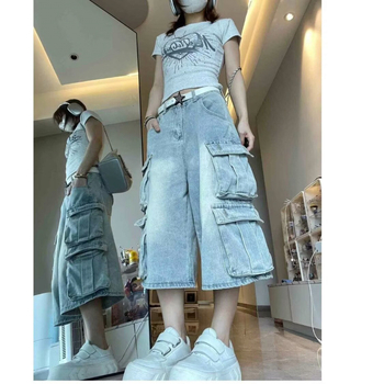 Plus Size American Street Style Mosott Többzsebes Cargo Rövidnadrág Unisex Laza Karcsúsító Széles Szárú Lezser Farmer Rövidnadrág