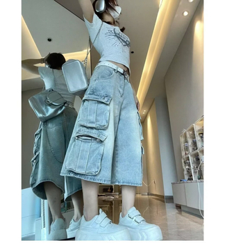 Plus Size American Street Style Mosott Többzsebes Cargo Rövidnadrág Unisex Laza Karcsúsító Széles Szárú Lezser Farmer Rövidnadrág