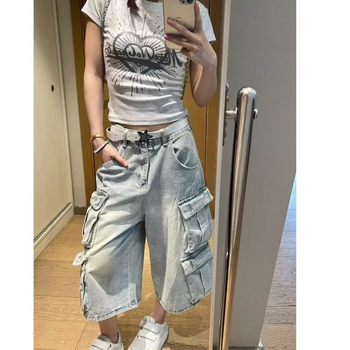 Plus Size American Street Style Mosott Többzsebes Cargo Rövidnadrág Unisex Laza Karcsúsító Széles Szárú Lezser Farmer Rövidnadrág