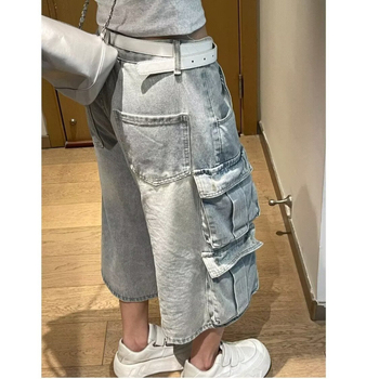 Plus Size American Street Style Mosott Többzsebes Cargo Rövidnadrág Unisex Laza Karcsúsító Széles Szárú Lezser Farmer Rövidnadrág