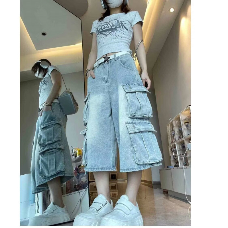 Pluss-suuruses Ameerika tänavastiilis pestud mitme taskuga cargo-kärbitud unisex püksid, salendavad laia säärega vabaaja teksapüksid