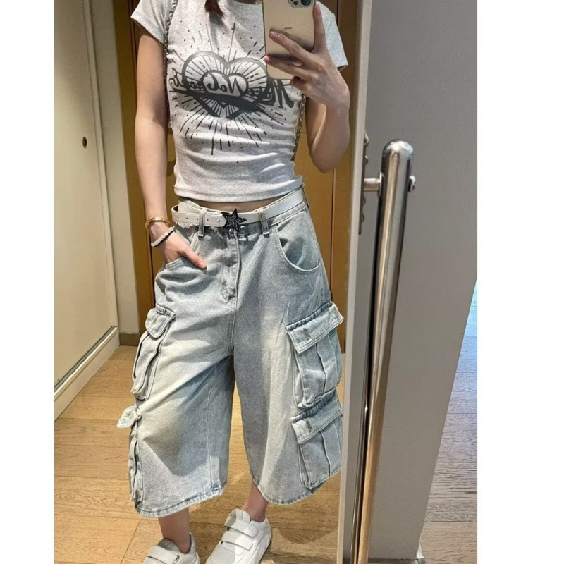 Pluss-suuruses Ameerika tänavastiilis pestud mitme taskuga cargo-kärbitud unisex püksid, salendavad laia säärega vabaaja teksapüksid