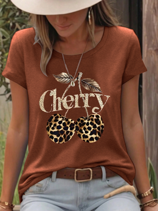 Független Állomású Európai és Amerikai Póló Rövid Ujjú Női Cseresznyemintás Leopárdmintás Cseresznyeszínű Kerek Nyakkú Laza Rövid Ujjú Nagy Méretű Póló Határon Átnyúló Export