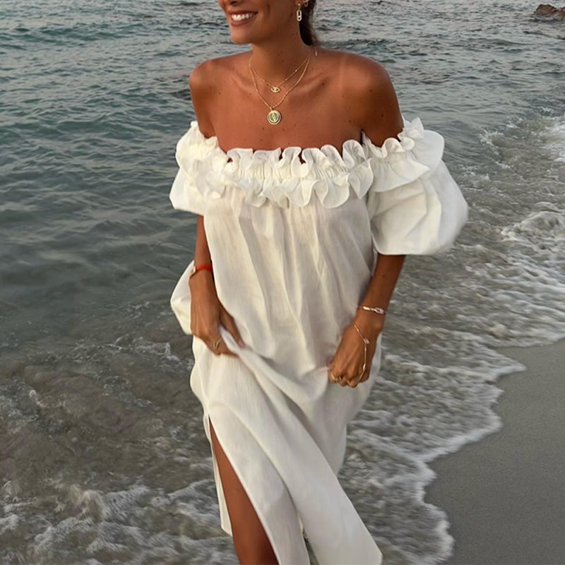 Határokon átnyúló, 2024-es tavaszi és nyári, európai és amerikai női, váll nélküli, szexi, buborékos ujjú, egyszínű, csipkés, nyaraló, strandruha