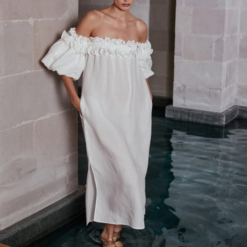 Határokon átnyúló, 2024-es tavaszi és nyári, európai és amerikai női, váll nélküli, szexi, buborékos ujjú, egyszínű, csipkés, nyaraló, strandruha