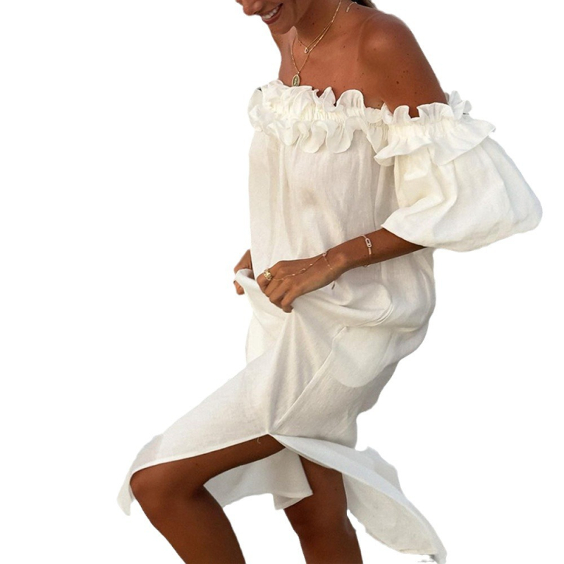 Határokon átnyúló, 2024-es tavaszi és nyári, európai és amerikai női, váll nélküli, szexi, buborékos ujjú, egyszínű, csipkés, nyaraló, strandruha