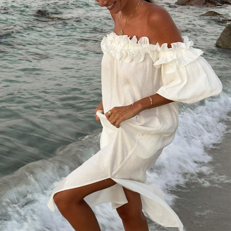 Határokon átnyúló, 2024-es tavaszi és nyári, európai és amerikai női, váll nélküli, szexi, buborékos ujjú, egyszínű, csipkés, nyaraló, strandruha