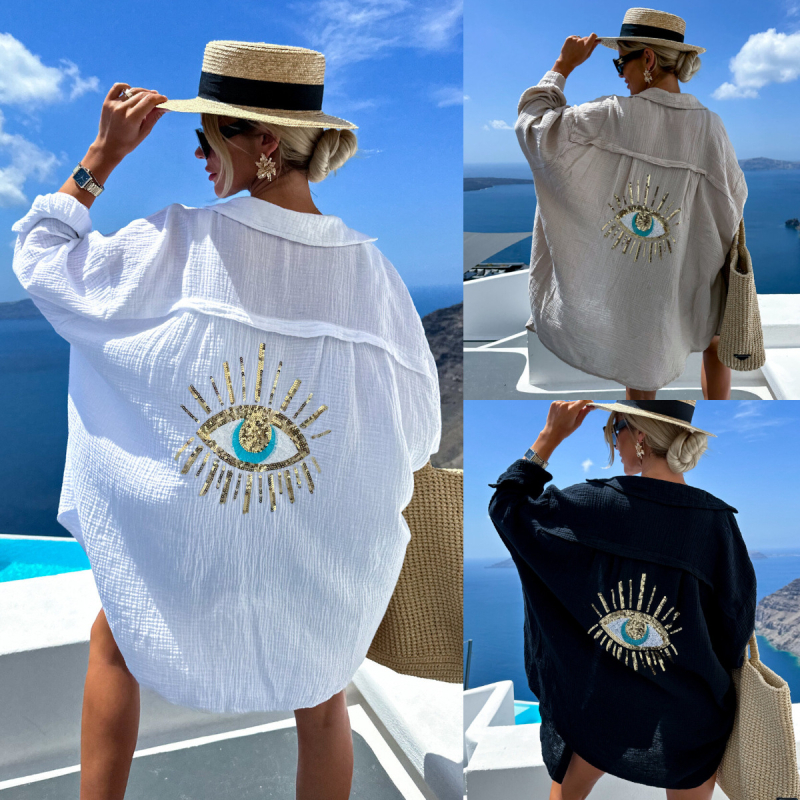 Határokon átnyúló 2024 tavaszi és nyári Amazon európai és amerikai női lezser V-nyakú zsebes varrású flitteres laza hosszú ujjú blúz