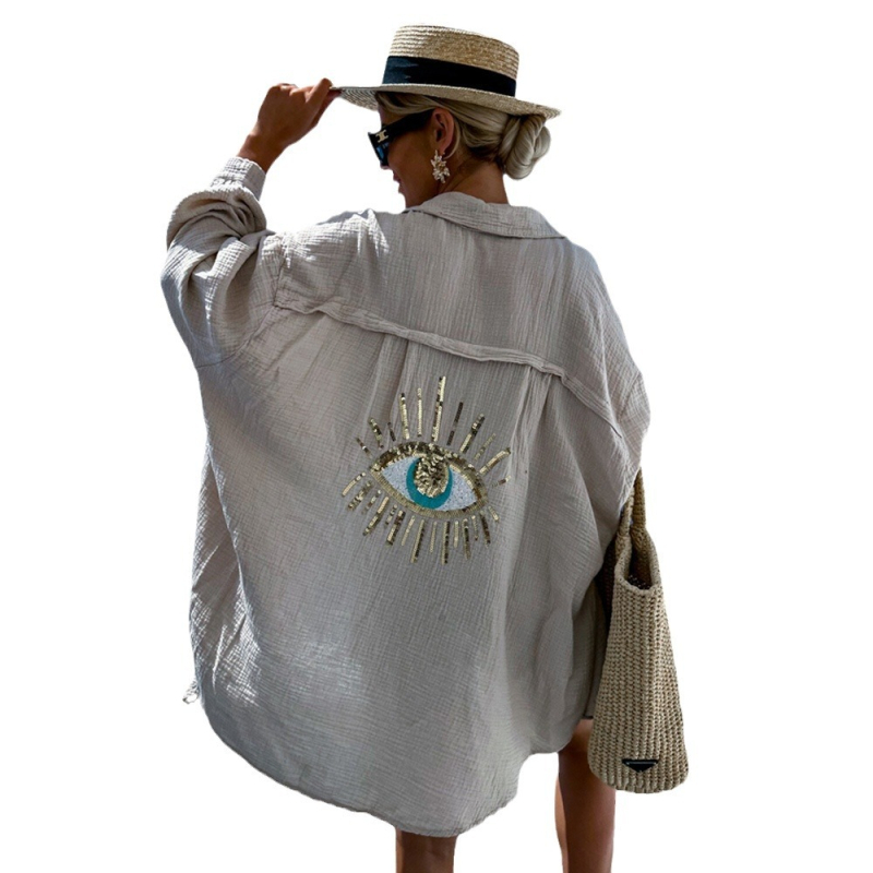 Határokon átnyúló 2024 tavaszi és nyári Amazon európai és amerikai női lezser V-nyakú zsebes varrású flitteres laza hosszú ujjú blúz