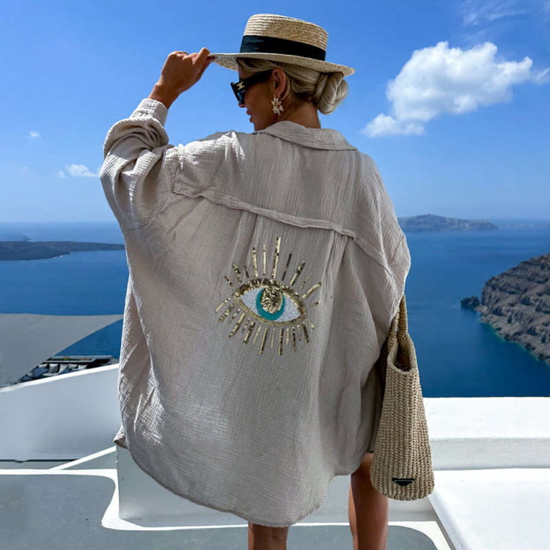 Határokon átnyúló 2024 tavaszi és nyári Amazon európai és amerikai női lezser V-nyakú zsebes varrású flitteres laza hosszú ujjú blúz