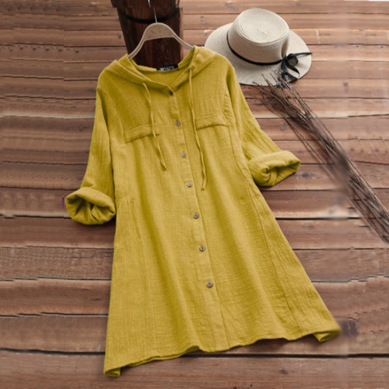 AliExpress Amazon európai és amerikai külkereskedelmi új pamut és lenvászon egyszínű bő plus size kapucnis hosszú ujjú kardigán