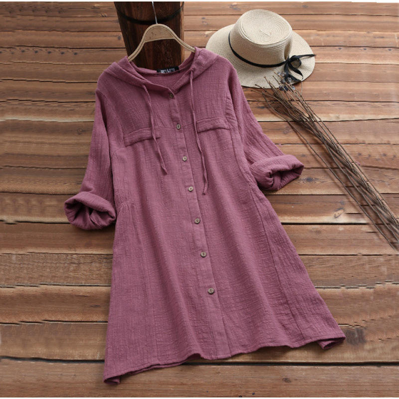 AliExpress Amazon európai és amerikai külkereskedelmi új pamut és lenvászon egyszínű bő plus size kapucnis hosszú ujjú kardigán