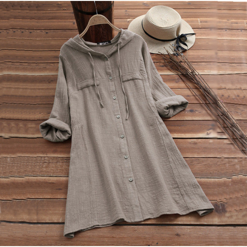 AliExpress Amazon európai és amerikai külkereskedelmi új pamut és lenvászon egyszínű bő plus size kapucnis hosszú ujjú kardigán