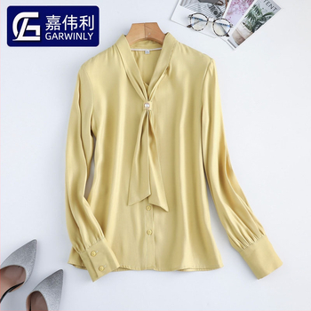 2019 Új Őszi Divatos Avokádó Zöld Sifon Női Hosszú Ujjú V-nyakú, Bőrtakaró, Minden Méretre Egyező Western Stílusú Nyakkendős Ing