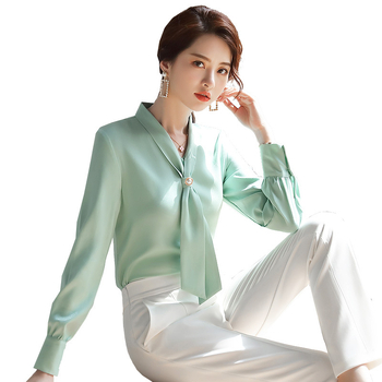 2019 Új Őszi Divatos Avokádó Zöld Sifon Női Hosszú Ujjú V-nyakú, Bőrtakaró, Minden Méretre Egyező Western Stílusú Nyakkendős Ing