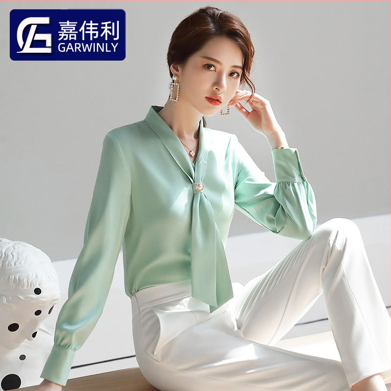 2019 Új Őszi Divatos Avokádó Zöld Sifon Női Hosszú Ujjú V-nyakú, Bőrtakaró, Minden Méretre Egyező Western Stílusú Nyakkendős Ing