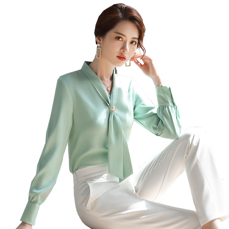 2019 Új Őszi Divatos Avokádó Zöld Sifon Női Hosszú Ujjú V-nyakú, Bőrtakaró, Minden Méretre Egyező Western Stílusú Nyakkendős Ing