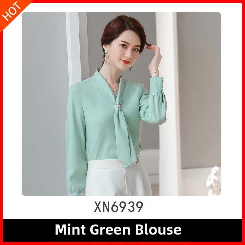 2019 Új Őszi Divatos Avokádó Zöld Sifon Női Hosszú Ujjú V-nyakú, Bőrtakaró, Minden Méretre Egyező Western Stílusú Nyakkendős Ing