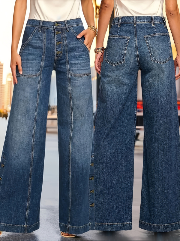 Pārrobežu Amazon Eiropas un Amerikas liela izmēra retro stila mazgātas vīles priekšpusē ar pogu aizdari platas kājas, vidēji vidukļa elastīgas džinsa bikses.
