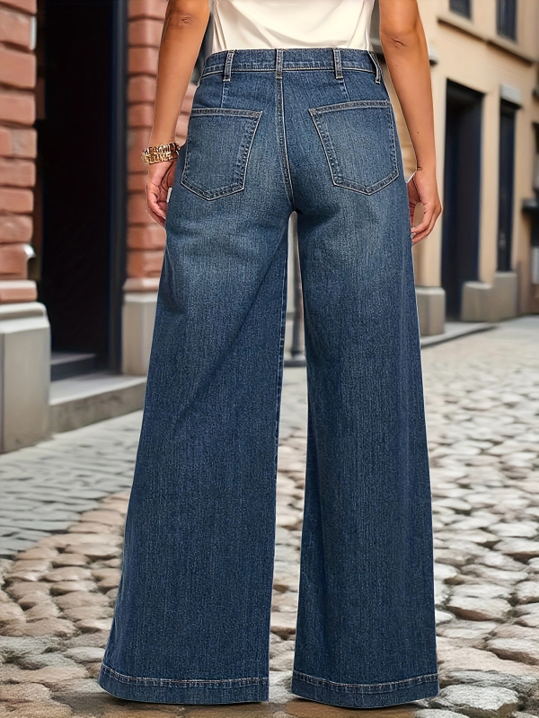 Pārrobežu Amazon Eiropas un Amerikas liela izmēra retro stila mazgātas vīles priekšpusē ar pogu aizdari platas kājas, vidēji vidukļa elastīgas džinsa bikses.