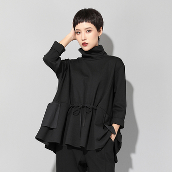 Instagram stílusú európai és amerikai divatos női ruházat tavaszi és őszi új sötét hosszú ujjú póló laza középhosszú húzózsinóros szűk derekú karcsúsító felső