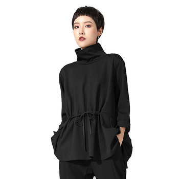 Instagram stílusú európai és amerikai divatos női ruházat tavaszi és őszi új sötét hosszú ujjú póló laza középhosszú húzózsinóros szűk derekú karcsúsító felső