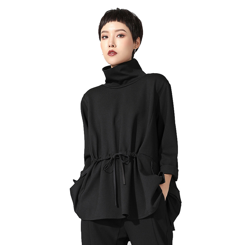 Instagram stílusú európai és amerikai divatos női ruházat tavaszi és őszi új sötét hosszú ujjú póló laza középhosszú húzózsinóros szűk derekú karcsúsító felső