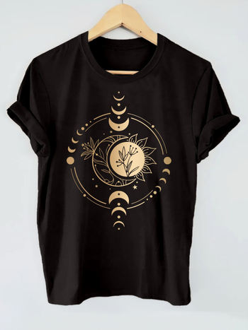 Holdmintás nyomtatott póló, rövid ujjú, kerek nyakú, lezser felső, nyári és tavaszi, fekete európai és amerikai pamut női