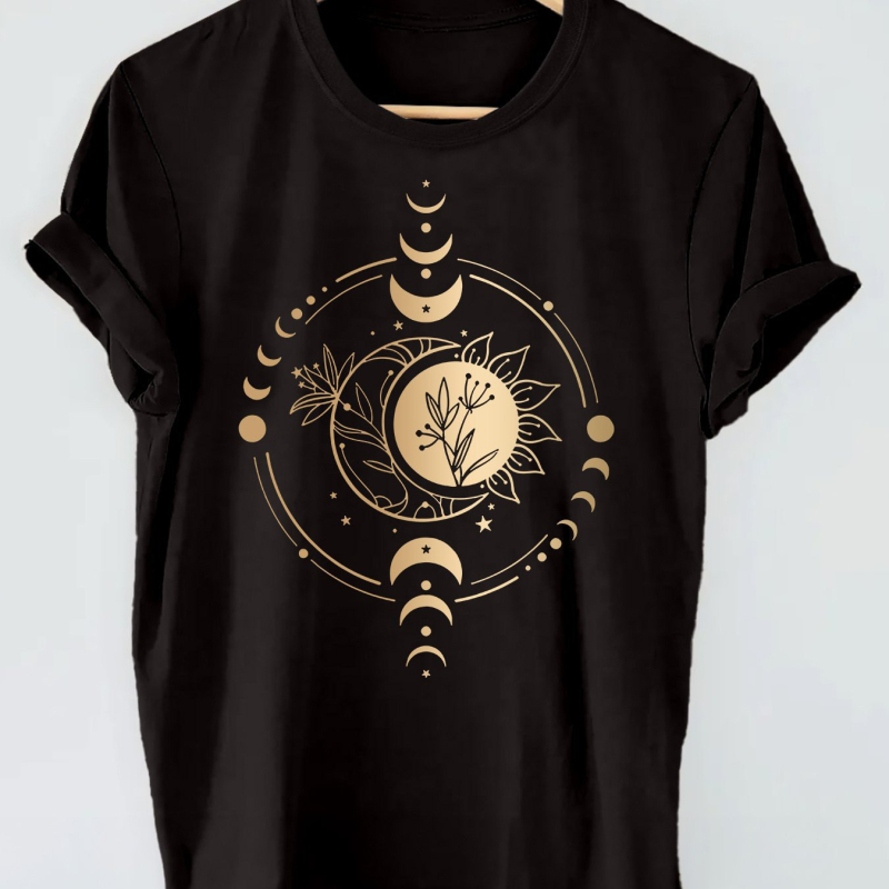 Holdmintás nyomtatott póló, rövid ujjú, kerek nyakú, lezser felső, nyári és tavaszi, fekete európai és amerikai pamut női