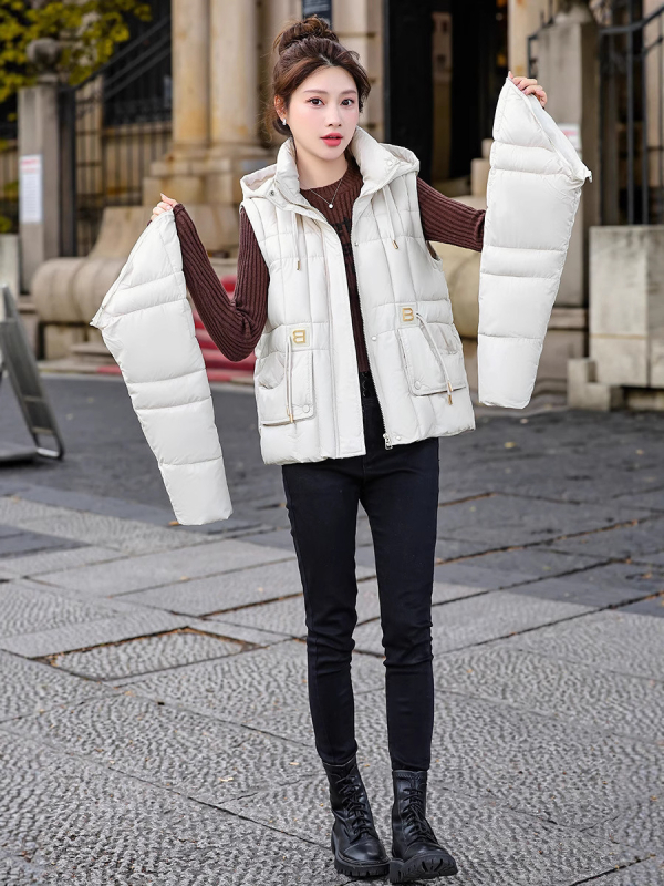 Jachetă de damă din bumbac cu puf, cu mâneci detașabile, vestă bidirecțională, palton scurt din bumbac, model mic, nouă 2025