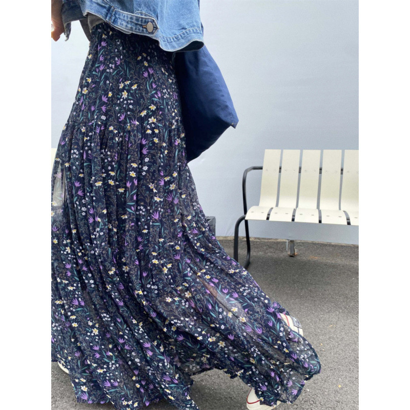 Virágmintás, rakott sifon szoknya Női 2025-ös nyári dizájn nyugati stílusú hosszú szoknya, plus size magas derekú, karcsúsító A-vonalú szoknya
