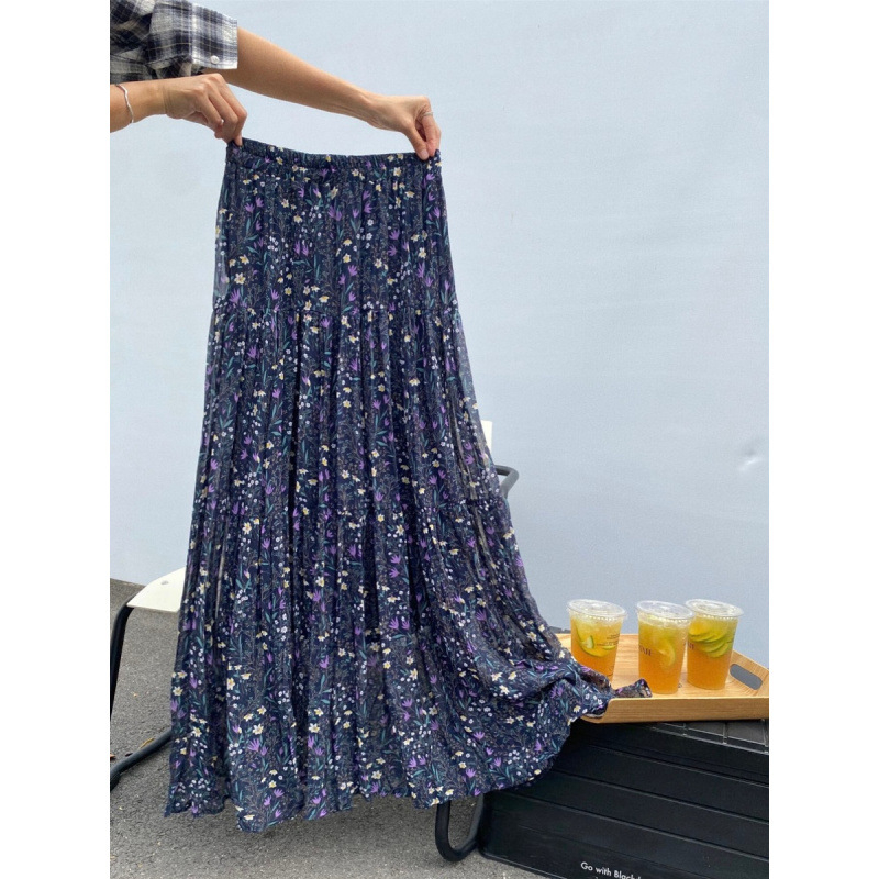 Virágmintás, rakott sifon szoknya Női 2025-ös nyári dizájn nyugati stílusú hosszú szoknya, plus size magas derekú, karcsúsító A-vonalú szoknya
