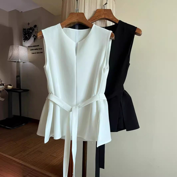 Tricou elegant la modă, alb francez, Normcore, pentru femei, vara 2024, fără mâneci, talie înaltă, la modă