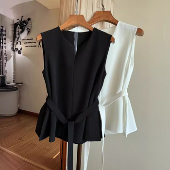 Tricou elegant la modă, alb francez, Normcore, pentru femei, vara 2024, fără mâneci, talie înaltă, la modă