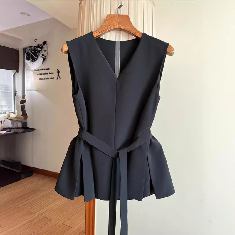 Tricou elegant la modă, alb francez, Normcore, pentru femei, vara 2024, fără mâneci, talie înaltă, la modă