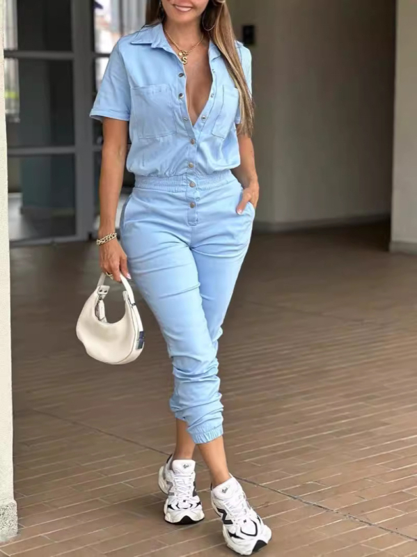 Határokon átnyúló Amazon alkalmi divatos női lábujjhegyen érő overál hajtókával, zsebes derékkal, rugalmas gombos overál