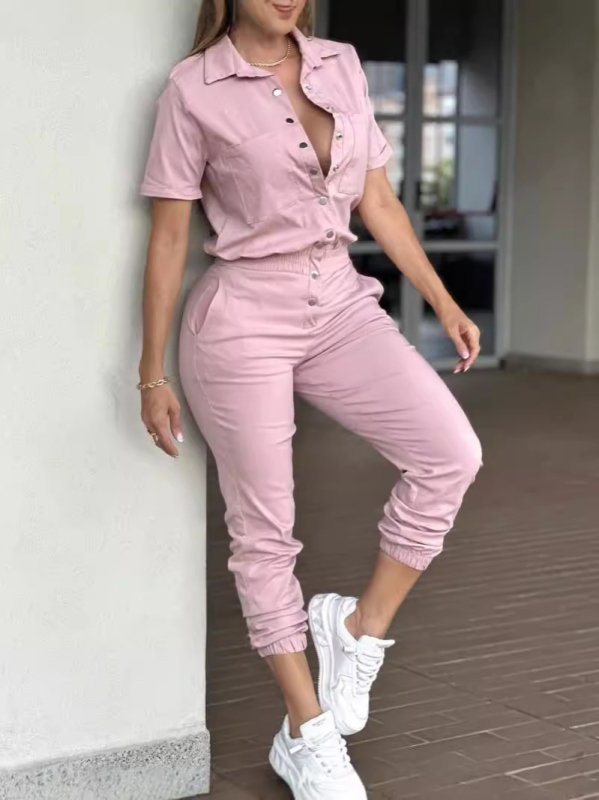 Határokon átnyúló Amazon alkalmi divatos női lábujjhegyen érő overál hajtókával, zsebes derékkal, rugalmas gombos overál