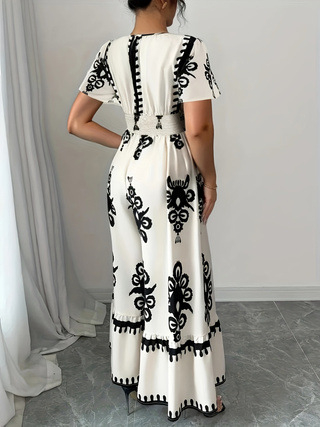 Naiste pluss-suuruses suvine uus trükitud V-kaelusega lühikeste varrukatega elegantne pühadestiilis jumpsuit