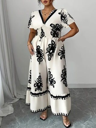 Naiste pluss-suuruses suvine uus trükitud V-kaelusega lühikeste varrukatega elegantne pühadestiilis jumpsuit