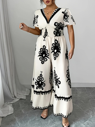 Naiste pluss-suuruses suvine uus trükitud V-kaelusega lühikeste varrukatega elegantne pühadestiilis jumpsuit