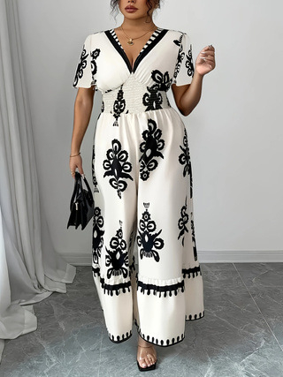 Naiste pluss-suuruses suvine uus trükitud V-kaelusega lühikeste varrukatega elegantne pühadestiilis jumpsuit