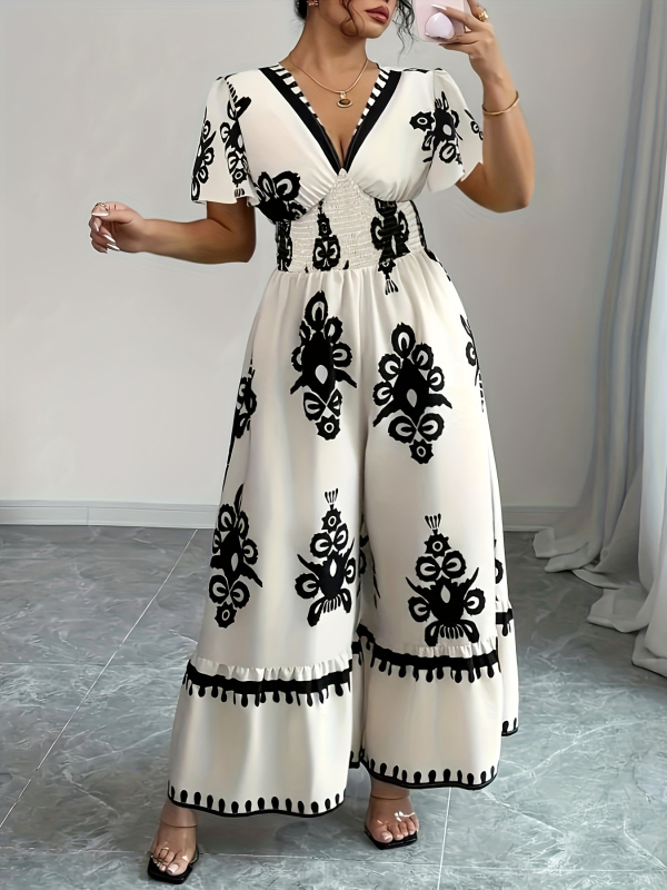 Naiste pluss-suuruses suvine uus trükitud V-kaelusega lühikeste varrukatega elegantne pühadestiilis jumpsuit