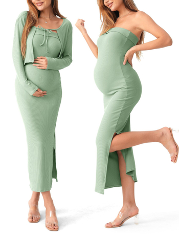 Raseduskostüümi kaheosaline komplekt 2025 Euroopa ja Ameerika pikkade varrukatega kardiganiga, ülaosaga kootud, rinnaümbrisega õhuke raseduskleit