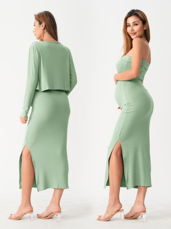 Raseduskostüümi kaheosaline komplekt 2025 Euroopa ja Ameerika pikkade varrukatega kardiganiga, ülaosaga kootud, rinnaümbrisega õhuke raseduskleit