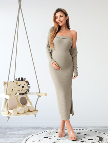 Raseduskostüümi kaheosaline komplekt 2025 Euroopa ja Ameerika pikkade varrukatega kardiganiga, ülaosaga kootud, rinnaümbrisega õhuke raseduskleit