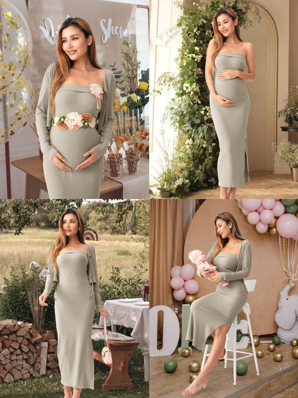 Raseduskostüümi kaheosaline komplekt 2025 Euroopa ja Ameerika pikkade varrukatega kardiganiga, ülaosaga kootud, rinnaümbrisega õhuke raseduskleit