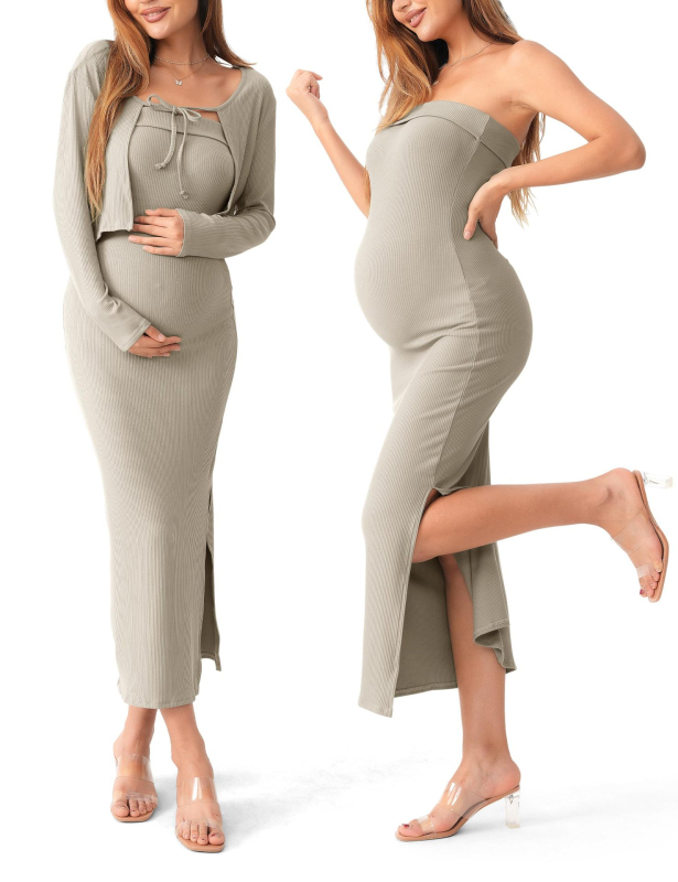 Raseduskostüümi kaheosaline komplekt 2025 Euroopa ja Ameerika pikkade varrukatega kardiganiga, ülaosaga kootud, rinnaümbrisega õhuke raseduskleit